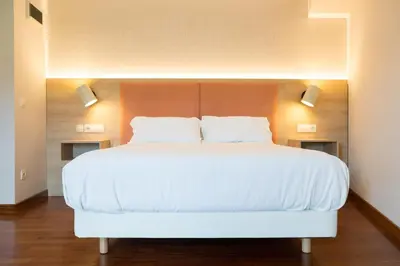 a bedroom with a large white bed with two pillows at Hotel Parking Miradoiro de Belvís in Santiago de Compostela