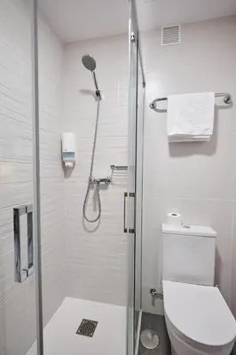 a bathroom with a glass shower with a toilet at Hotel San Lorenzo in Santiago de Compostela