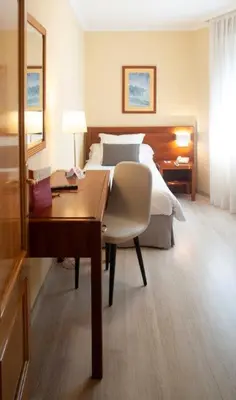a bedroom with a bed and a desk with a desk at Hotel San Lorenzo in Santiago de Compostela
