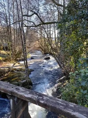 a wooden fence next to a river with snow at Casa da Laxa in Beáriz