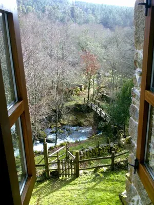 a window view of a field with a fence and a creek at Casa da Laxa in Beáriz