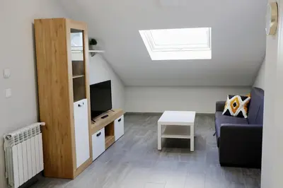 a living room with a couch and a tv at dpCristal Sarria Centro in Sarria
