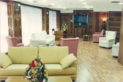 a living room with a couch and chairs and a television at Hotel Princess in Ourense