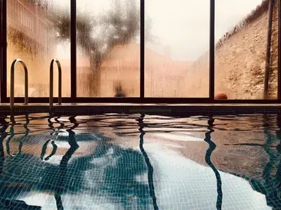 a swimming pool in front of a window at Astorga. León. Piscina. Casa Val de San Lorenzo. in Val de San Lorenzo