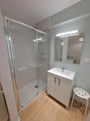 a bathroom with a shower and a white sink at VISTAS MURALLA CENTRICO EN ZONA PEATONAL Wi-fi VUT LU 3270 in Lugo