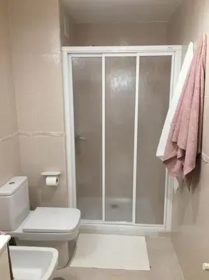 a bathroom with a shower and a white toilet at Carmarez in Puerto de Vega