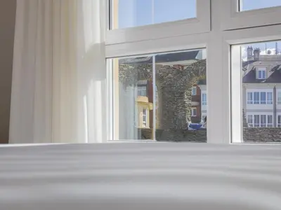 a window with a reflection of a tree at Hostal ALBA Lugo in Lugo