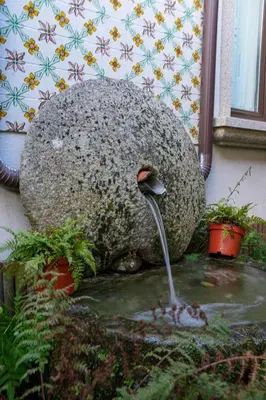a birdbath in a garden with a water fountain at Hotel Rústico Fonteverde in Cuntis