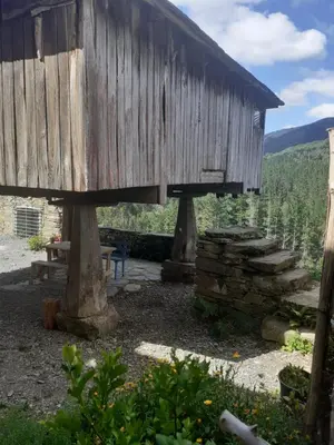 a wooden building with a bench and a table at Sons do Eo- Apartamentos ecológicos en la montaña de Lugo in Baleira