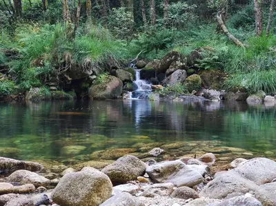 a stream of water with rocks and a waterfall at 4 Soles in Puente Caldelas