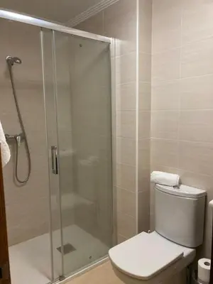 a bathroom with a glass shower with a toilet at FOZ II PLAYAS in Foz