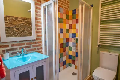 a bathroom with a sink and a shower at Casa del patio in Villanueva de Valdueza