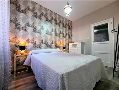 a bedroom with a white bed and a wall at Piso Estacion Tren Bus Termas muy luminoso in Ourense