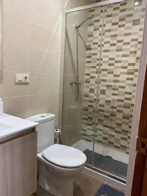 a bathroom with a toilet and a glass shower at Coqueto alojamiento cercano a las termas A in Ourense