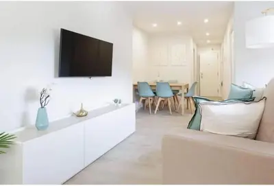 a living room with a couch and a tv on a wall at Apartamentos Nature in Cangas del Narcea