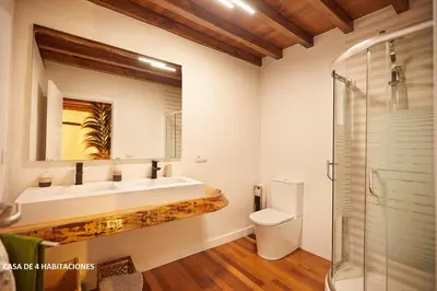 a bathroom with a sink and a toilet and a mirror at Viveiro Río Pedroso in Vivero