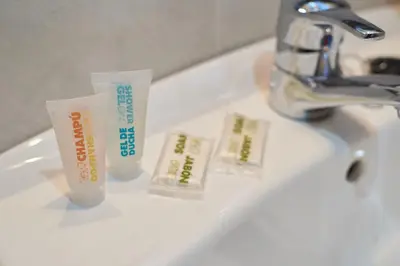 a bathroom sink with two toothbrushes and a toothpaste at Hostal Molgas in A Medorra