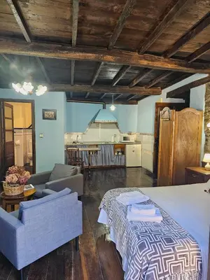 a living room with a large bed and a kitchen at Apartamentos Rurales Casa Ardaliz in Cangas del Narcea