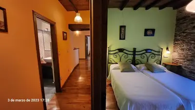 a bedroom with a large bed and a bathroom at Apartamentos Rurales Casa Ardaliz in Cangas del Narcea
