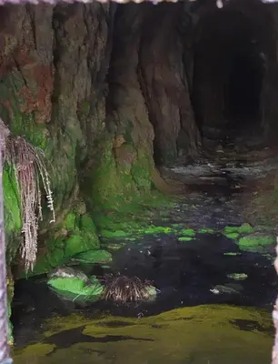 a painting of a cave with a creek at O Busto Aldea Rural, Apartamento HORNO 1 in Puebla del Brollón