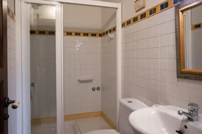 a bathroom with a shower and a toilet and a sink at Casa A Curiscada in Burres