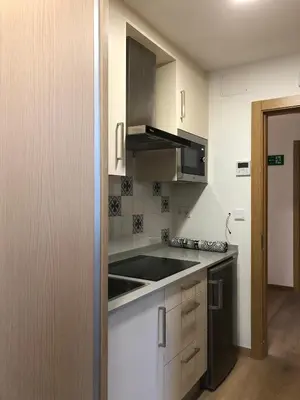a kitchen with white cabinets and a black sink at Hotel Villa México in Faramentaos