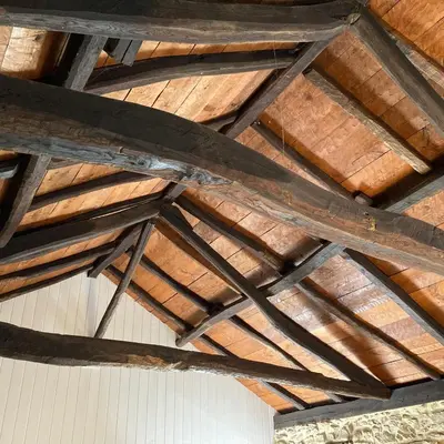 a wooden ceiling in a building with wooden beams at O Muíño da Balsiña in Tuiriz