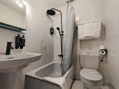 a bathroom with a sink and a toilet and a shower at Nest El Camino in Santiago de Compostela