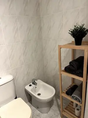 a bathroom with a white toilet and a sink at El apartamento de Ordes in Órdenes