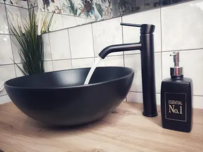 a black bowl sink with a bottle of soap at Gallaecia in Arzúa