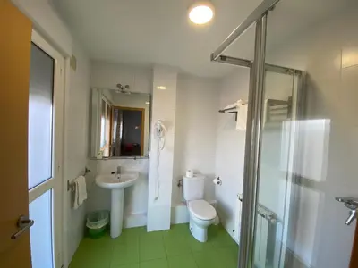 a bathroom with a toilet and a sink and a shower at Pensión Abeledo in Sarria
