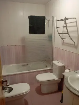 a bathroom with a toilet and a sink and a bath tub at Pensión Abeledo in Sarria