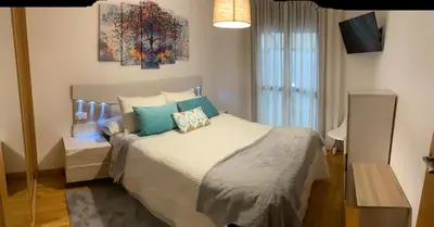 a bedroom with a large bed with blue pillows at VIANA in Monforte de Lemos