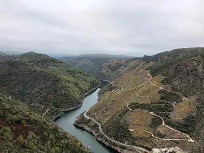an aerial view of a river in a canyon at Casa Manuela in Castro Caldelas