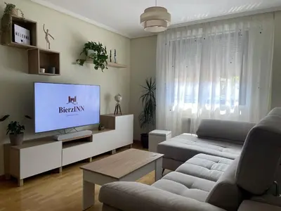a living room with a couch and a flat screen tv at BierzINN Alojamientos - Brujas in Ponferrada