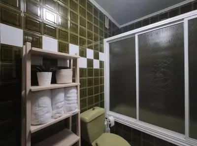 a bathroom with a green toilet and a window at Ares-Mar in Ares