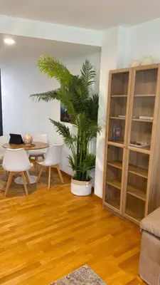 a living room with a table and a palm tree at FondeRiviere in Caldas de Reis