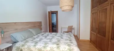 a bedroom with a bed and a wooden door at Casa Vilas, Santiago de Compostela in Santiago de Compostela