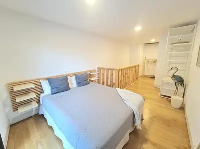 a bedroom with a bed with blue pillows and a bird at Casa típica Betanzos Casco Histórico in Betanzos