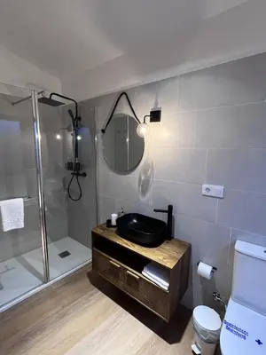 a bathroom with a shower and a sink and a toilet at HOTEL CASAS DA FORTALEZA Casa da Solaina in Outeiro de Rei