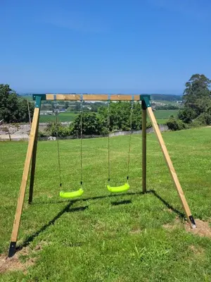 a swing set with two swings in a field at Apartamentos Casona del Campo in Navia