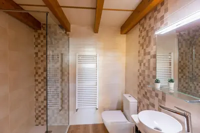 a bathroom with a toilet and a sink and a shower at Apartamentos Casona del Campo in Navia