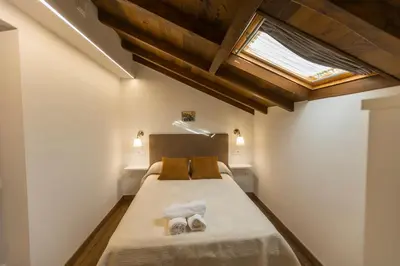 a bedroom with a bed and a skylight at Apartamentos Casona del Campo in Navia