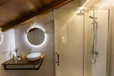 a bathroom with a shower with a sink and a mirror at Apartamentos Casona del Campo in Navia