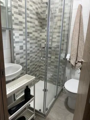 a bathroom with a shower and a sink and a toilet at Viviendas uso turístico REME I in Foz