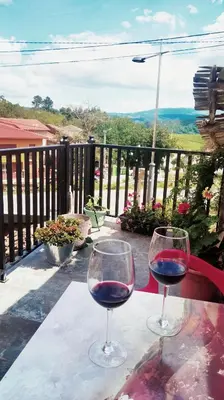 two glasses of red wine sitting on a table at Casita de Florita in Doade