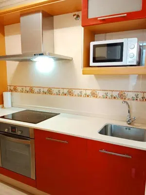 a kitchen with red cabinets and a sink and a microwave at San Francisco in Viveiro