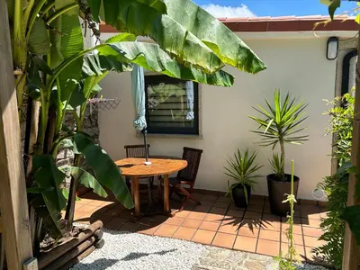 a patio with a wooden table and some plants at COTOLAI in Santiago de Compostela