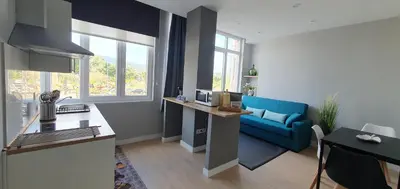 a kitchen and a living room with a blue couch at Pisos uso turistico Torno-Cubelas-Caosa Buenavista in San Ciprián