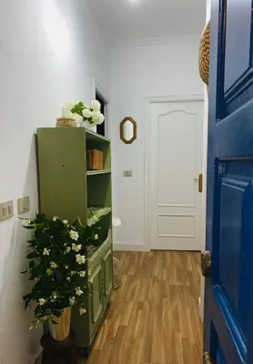 a room with a green shelf with flowers and a door at Bodega Sibeiro in Chantada